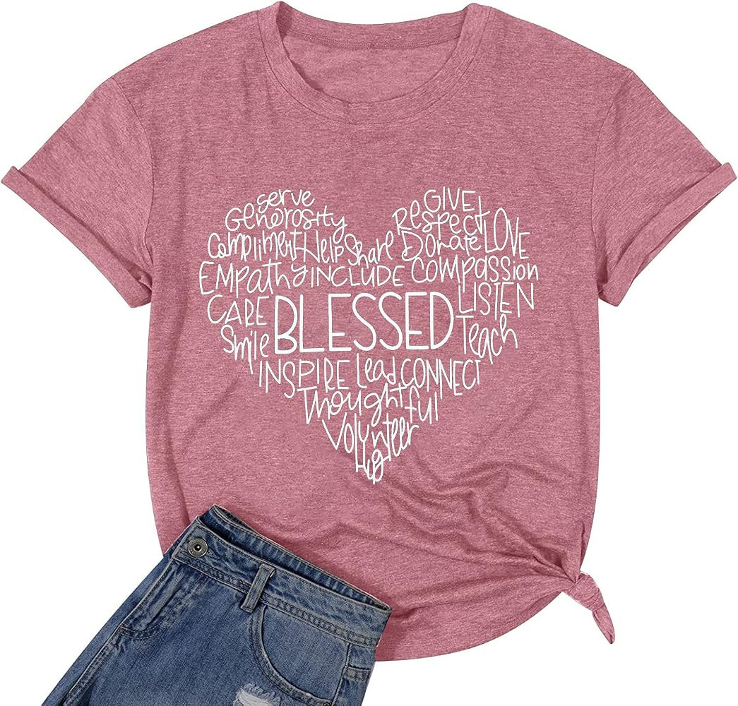 Blessed Shirts for Women Love Heart Graphic Tees Inspirational Letter Print Shirts Casual Short S... | Amazon (US)