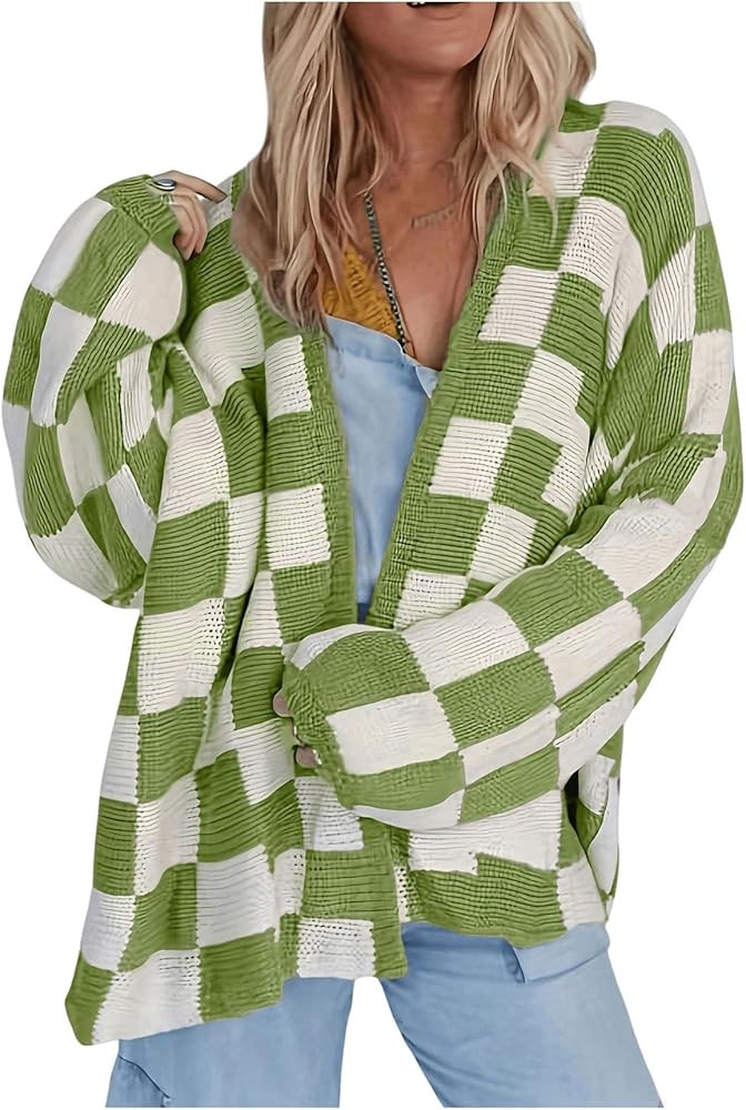 SOLY HUX Women's Long Sleeve Oversized Sweater Checkered Cardigan Open Front Outerwear Tops | Amazon (US)