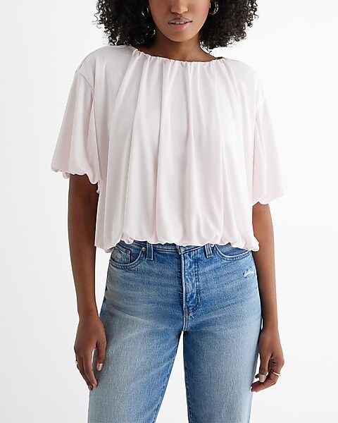 Satin Crew Neck Short Sleeve Ruched Bubble Tee | Express
