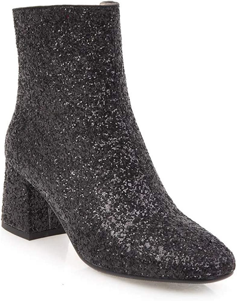 Elyffany Womens Mid Block Heel Glitter Ankle Boots Ladies Zipper Party Prom Booties | Amazon (US)