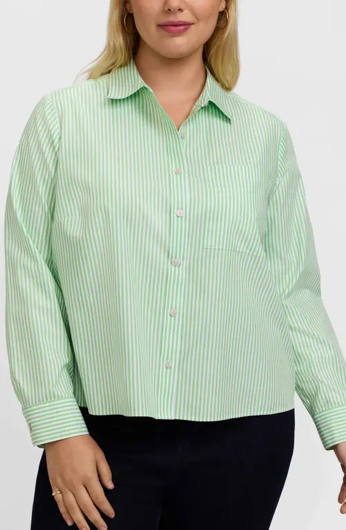 Foxcroft Jodie Stripe Cotton Button-Up Blouse in Mojito Green at Nordstrom, Size 3X | Nordstrom