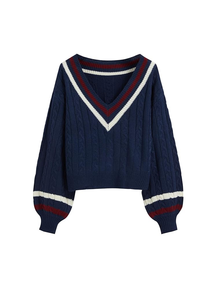 CIDER Cable Knit Sweater Women V Neck Long Sleeve Pullover Striped Trim Regular Fit Knit Top Fall... | Amazon (US)