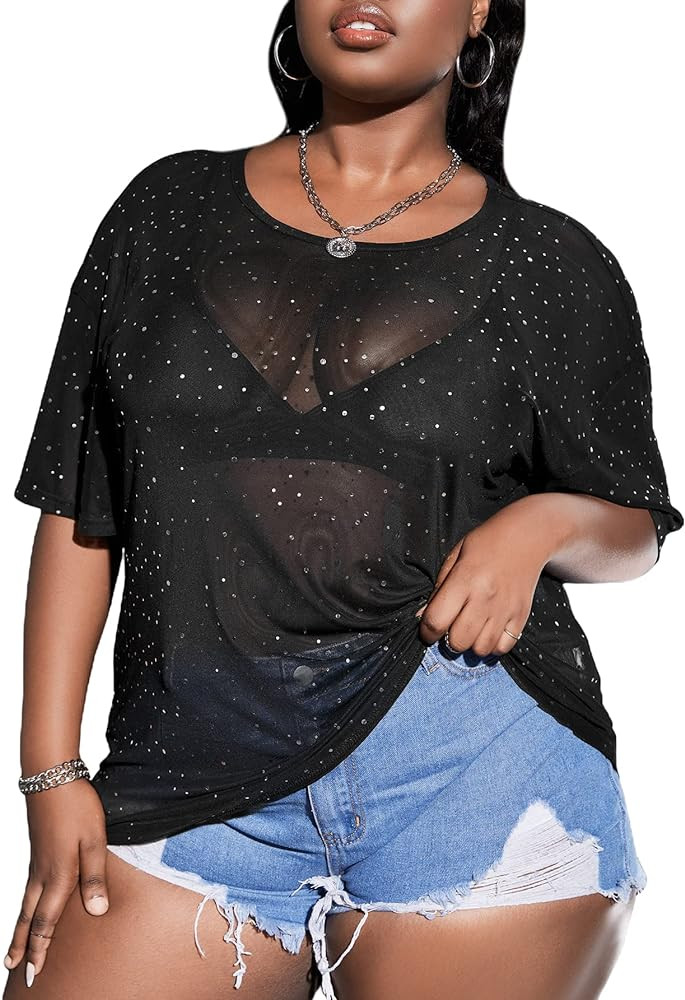 MakeMeChic Women's Plus Size Black Sequin Tops Sheer See Through Short Sleeve Shirts Tops Summer ... | Amazon (US)