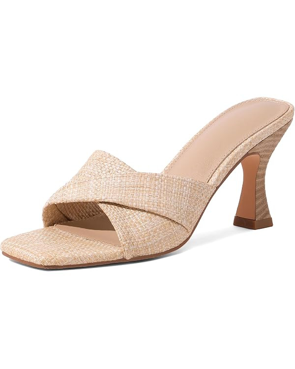 Marc Ford Raffia Heeled Sandals for Women Stiletto Mule Heels Open Square Toe Braided Backless Sl... | Amazon (US)