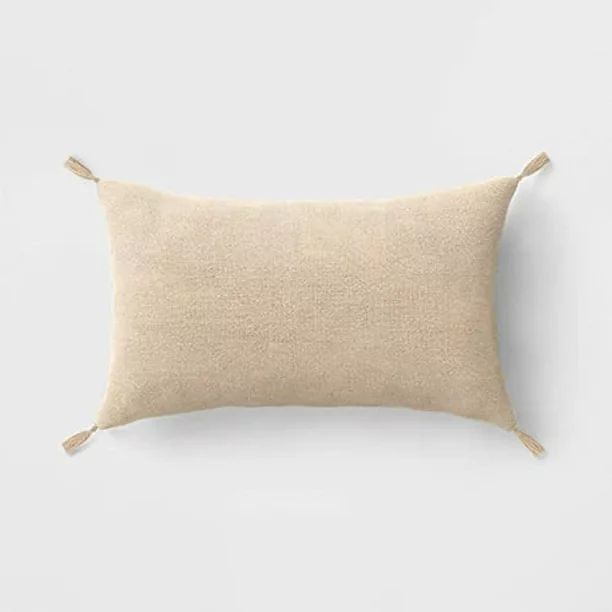 Neutral Washed Linen Lumbar Throw Accent Pillow with Bohemian Tassels | Walmart (US)