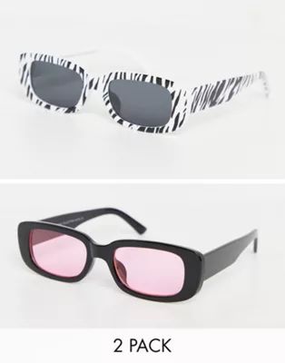 SVNX 2 pack mid rectangle sunglasses in black with pink lens and black and white zebra print | ASOS (Global)