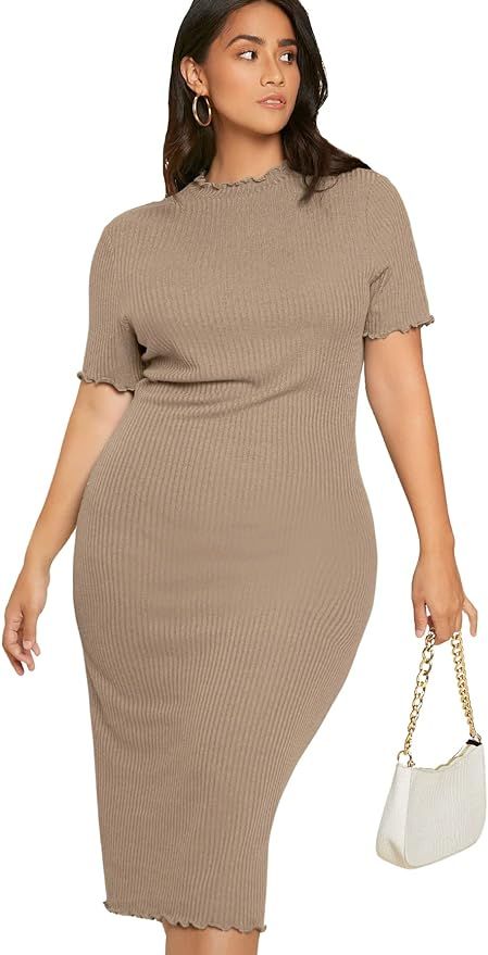 Floerns Women's Plus Size Lettuce Trim Short Sleeve Rib Knit Bodycon Long Dress | Amazon (US)