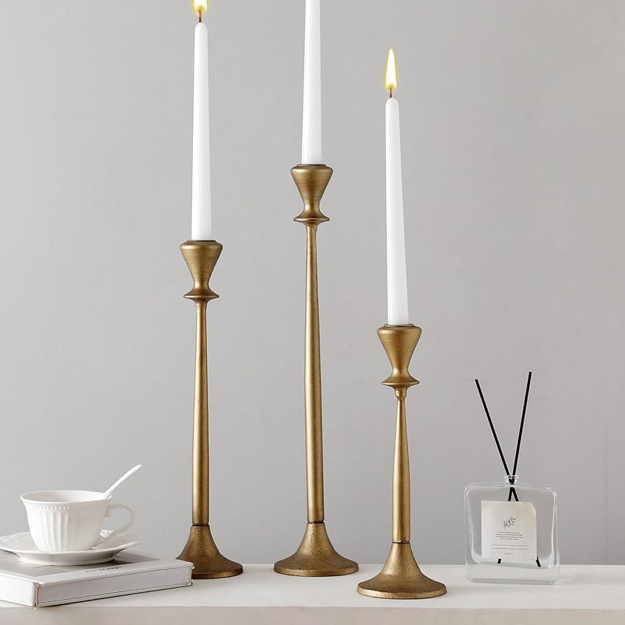 Set of 3 Vintage Gold Iron Taper Candlestick Holder Tall Brass Candle Holder Decorative Candle St... | Amazon (US)