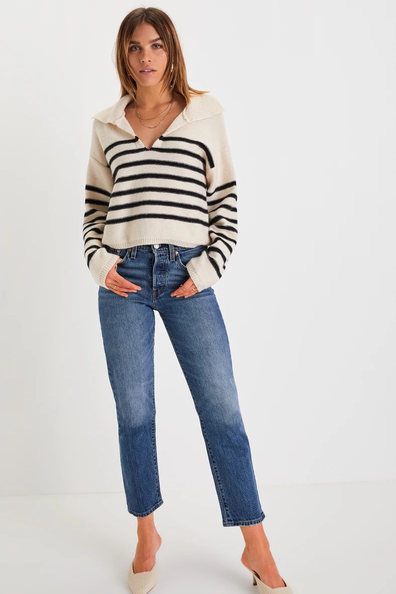 Timeless Energy Ivory Striped Collared Pullover Sweater | Lulus