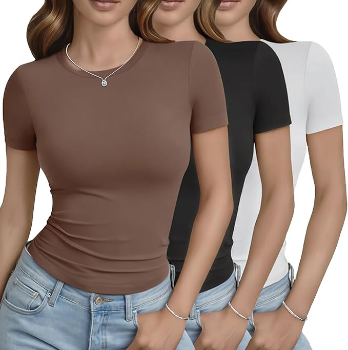 GAYHAY 3 Pack Basic Tees for Women - Crew Neck Slim Fit Tight T Shirts Cute Y2K Trendy Crop Tops ... | Amazon (US)