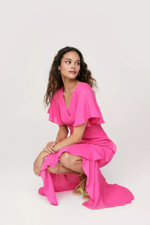 Angel Sleeve Ruffle Detail Satin Maxi Dress | Nasty Gal (US)