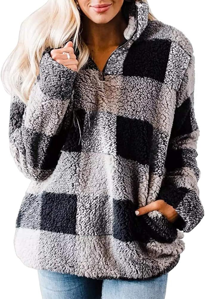 MEROKEETY Women's Plaid Sherpa Fleece Zip Sweatshirt Long Sleeve Pullover Jacket | Amazon (US)