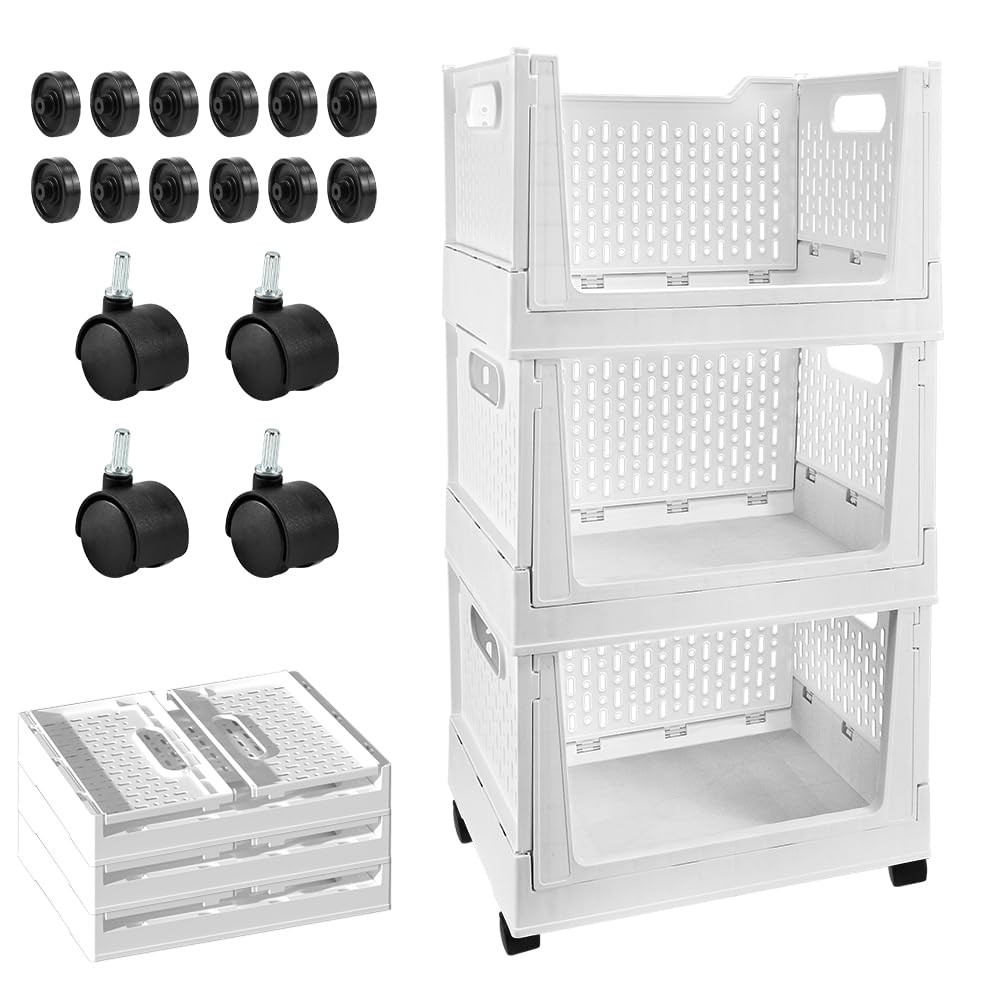 Stackable Plastic Storage Basket, 3 Pack Foldable Closet Organizers and Storage Bins with Wheels,... | Amazon (US)