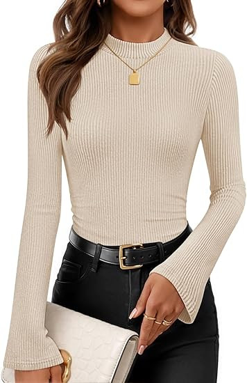 ZESICA Women's Long Sleeve Shirts 2025 Fall Mock Neck Ribbed Knit Slim Fit Tops Basic Tees Dressy... | Amazon (US)