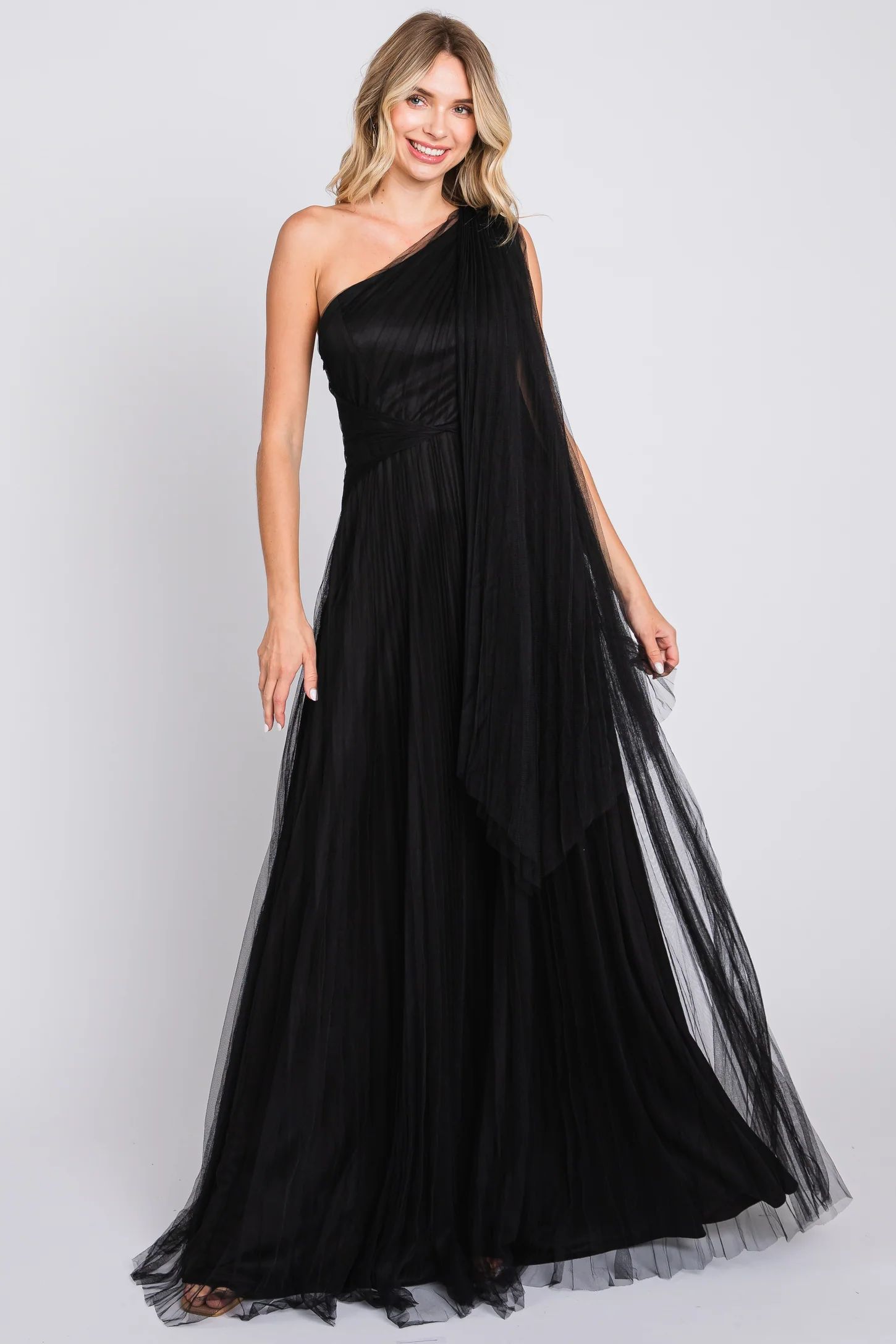 Black One Shoulder Pleated Mesh Maternity Gown | PinkBlush Maternity