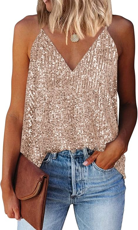 miduo Womens Tank Tops Casual Fashion V Neck Strappy Sequin Sparkle Shimmer Camisole Sleeveless T... | Amazon (US)