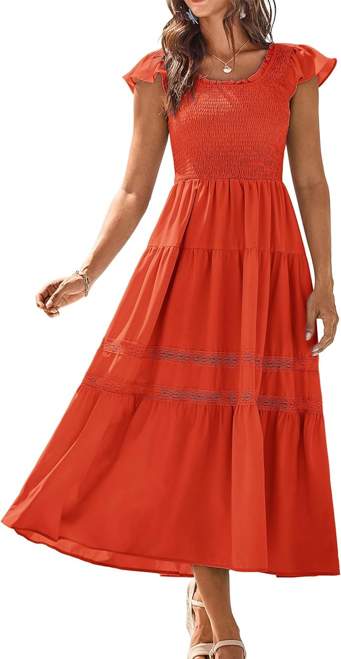 GRACE KARIN Womens Summer Dress Casual 2025 Flutter Sleeve Square Neck Smocked Boho Beach Dresses... | Amazon (US)