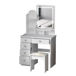 FUFU&GAGA 5-Drawers White Makeup Vanity Sets Dressing Table Sets With Stool, Mirror, LED Light an... | The Home Depot