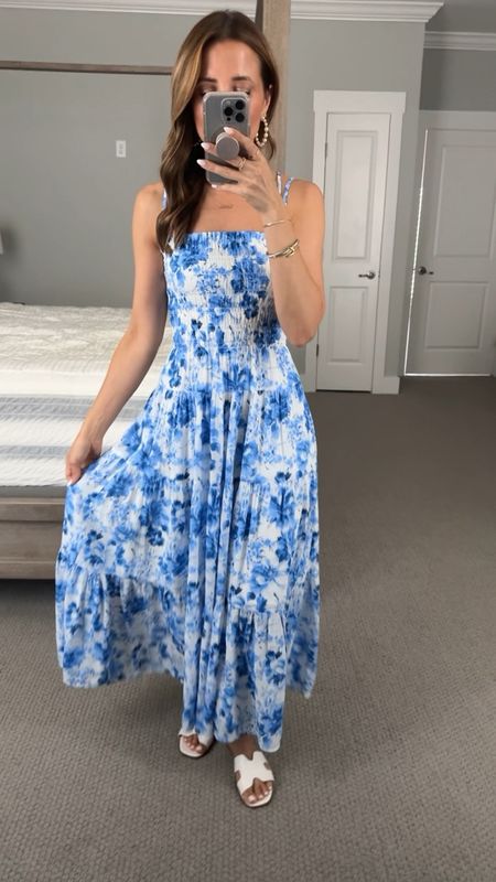 Abercrombie blue and white maxi dress in XXS petite. Straps are adjustable. Dress is lined. Baby shower dress. Wedding shower dress. Brunch dress. Vacation outfit. Spring dress. Summer dress. Resort wear. Target sandals are TTS. Pottery Barn canopy bed. 

#LTKwedding #LTKparties #LTKtravel