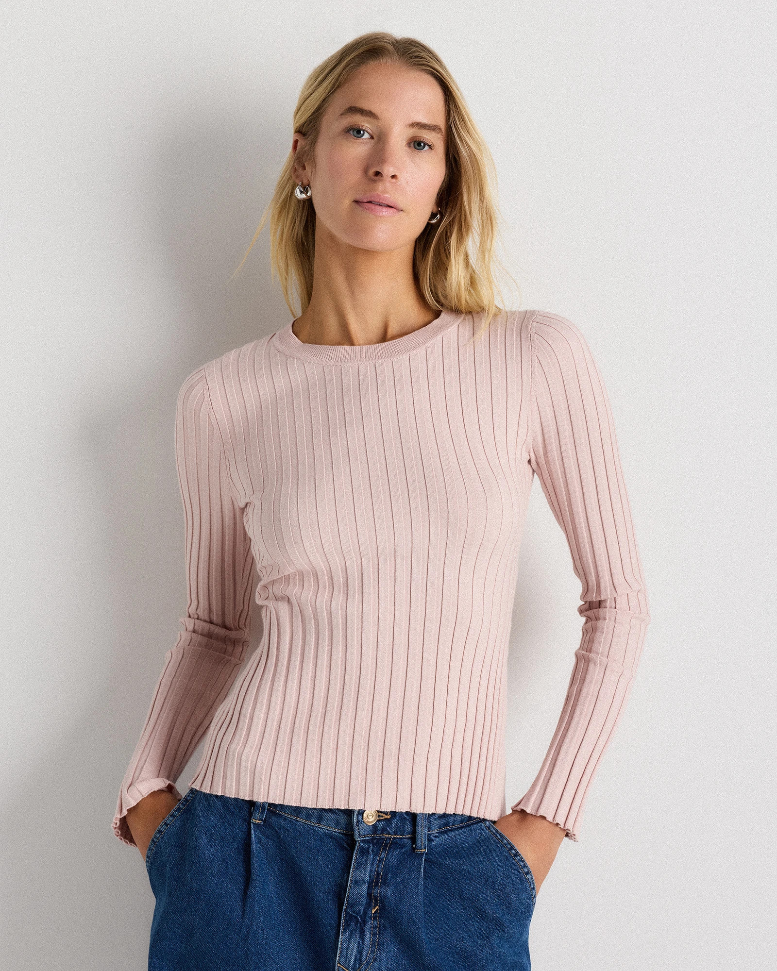 Quince | Women's Cotton Cashmere Ribbed Long Sleeve Sweater in Heather Oatmeal, Size Medium | Quince