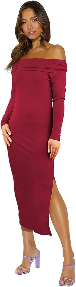 Women Sexy Bodycon Dress Off Shoulder Short Sleeve Elegant Ribbed Knit Midi Cocktail Dresses | Amazon (US)