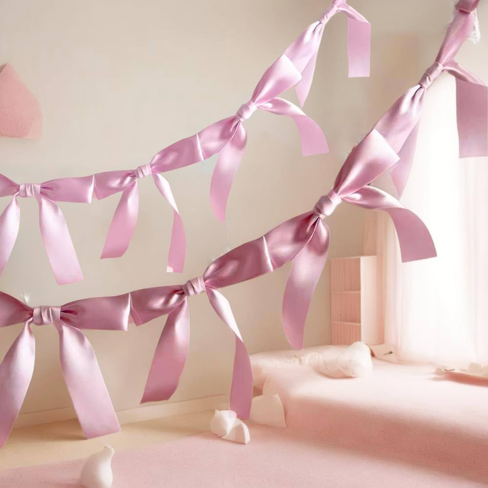 2Pcs 5.9FT Pink Bow Garland Banner Coquette Birthday Party Decorations, Satin Bow Banner Decorati... | Amazon (US)