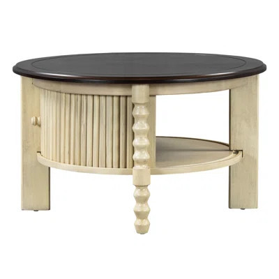 30.3" Vintage Round Coffee Table With Sliding Door Storage, Slatted Design For Office, Walnut Glistening Mid Century Modern Table, And Detailing, Idea | Wayfair North America