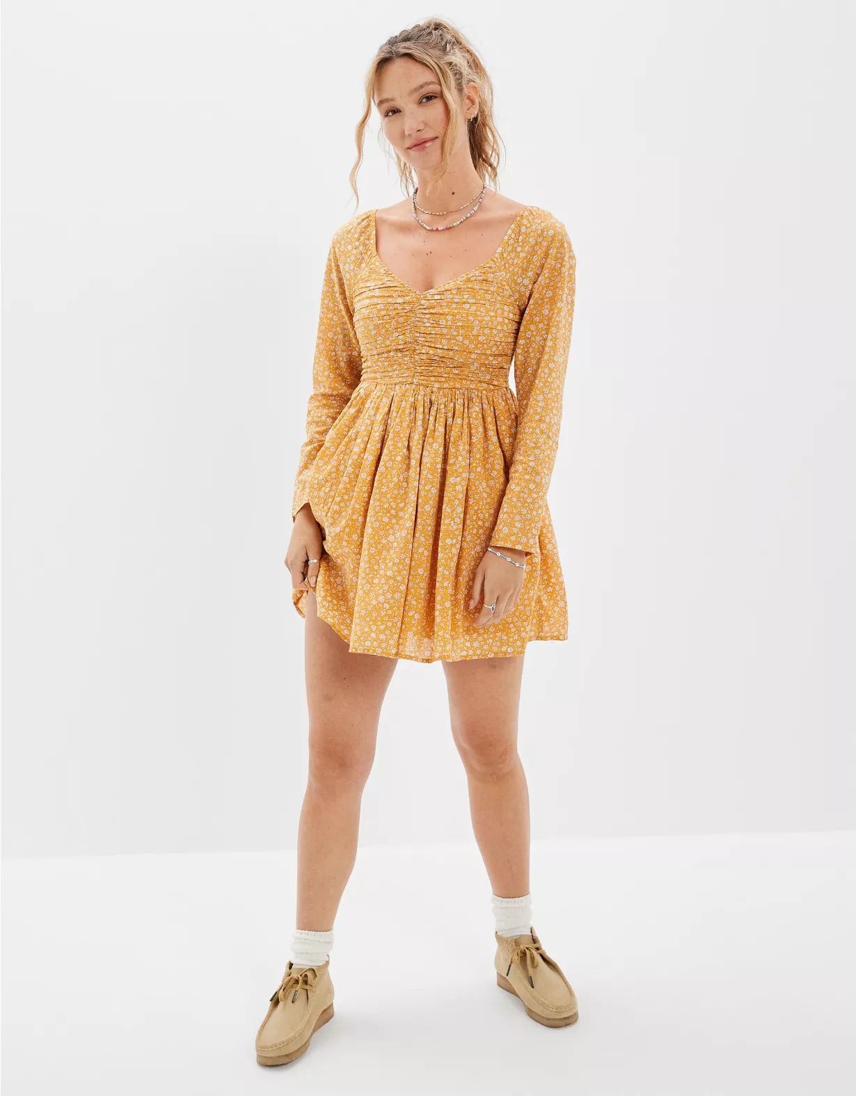 AE Floral Ruched Long-Sleeve Mini Dress | American Eagle Outfitters (US & CA)