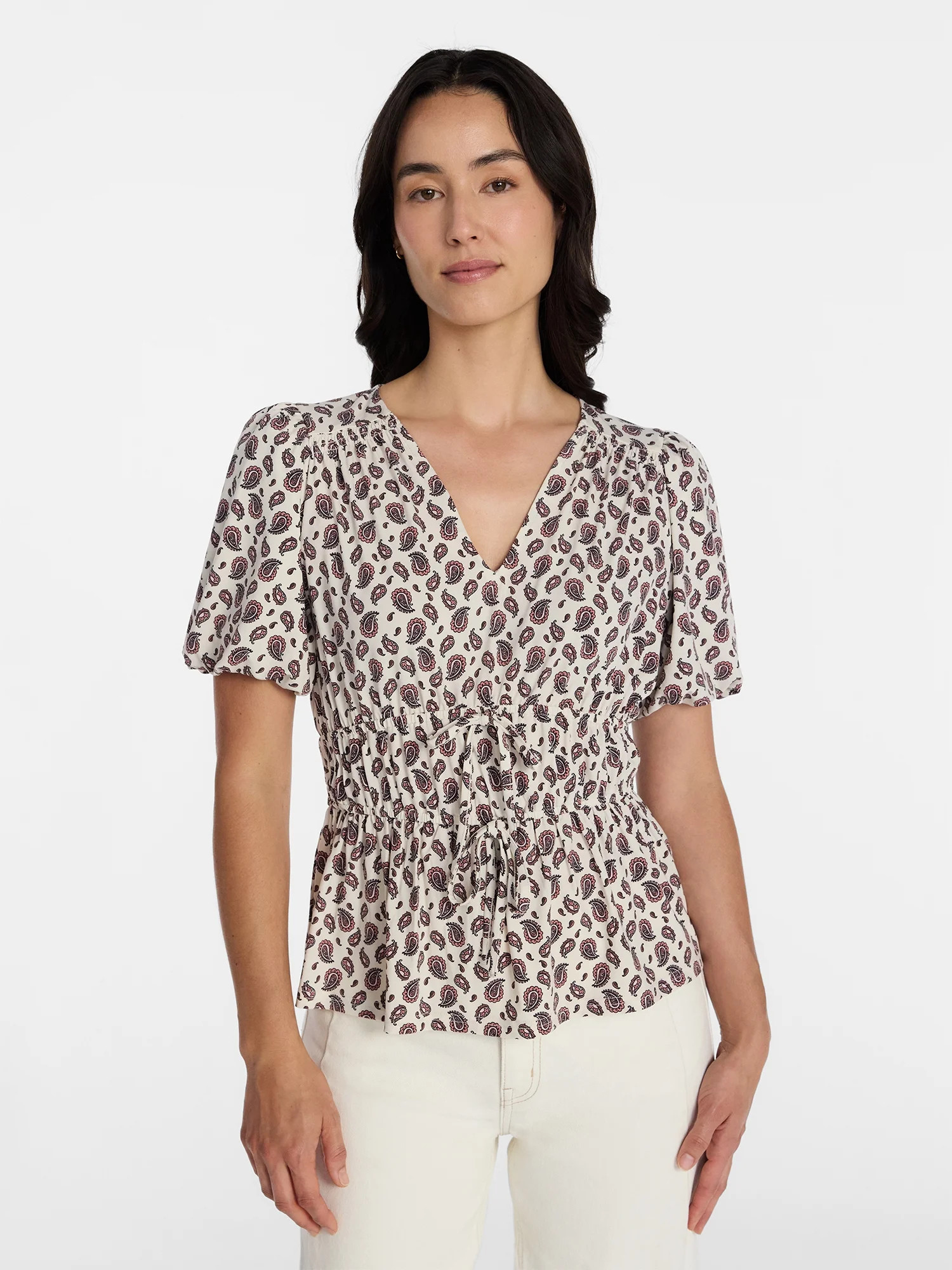 Time and Tru Women's and Women's Plus V Neck Shirred Peplum Top, Sizes XS-XXXL | Walmart (US)