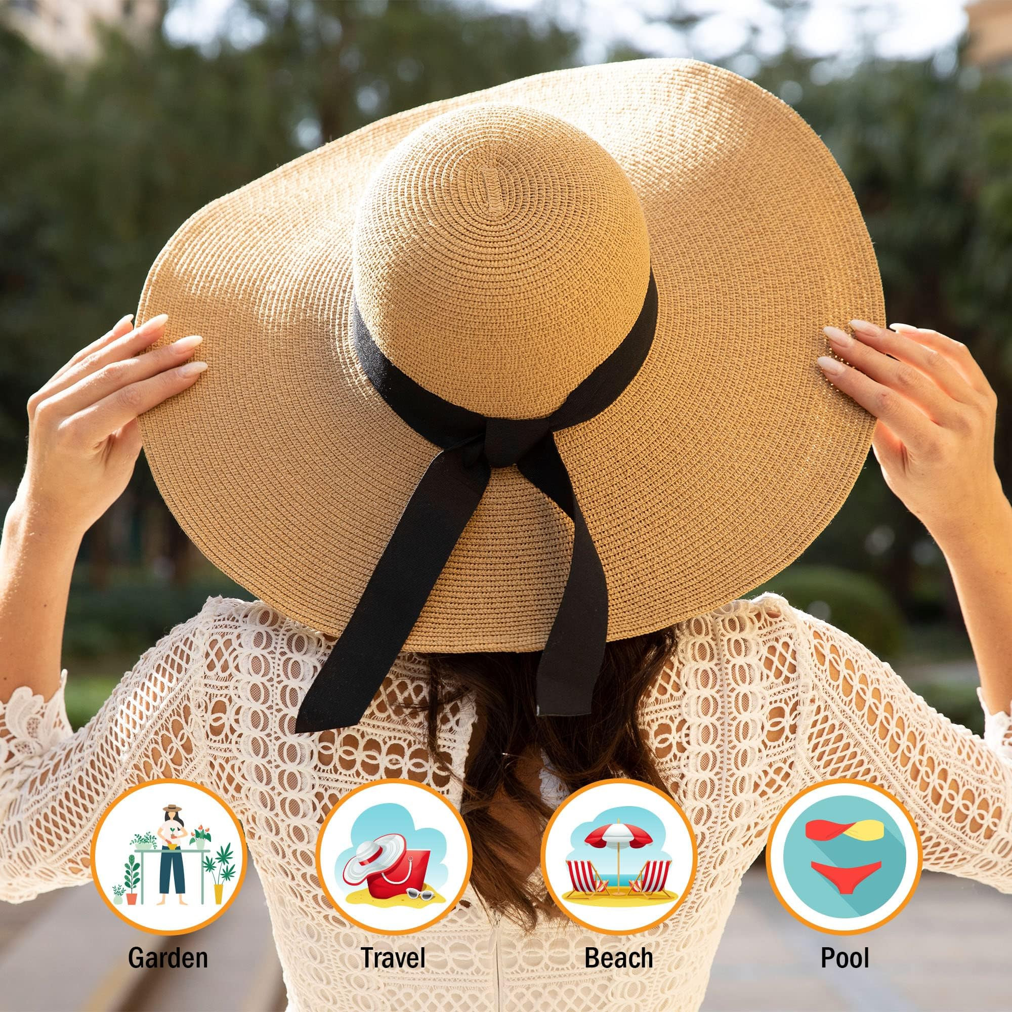 Verabella Sun Hats for Women UV Protection Wide Brim UPF 50 Foldable Floppy Straw Beach Hat with Str | Amazon (US)