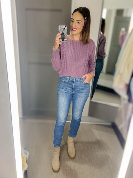 Target try on

Purple cable knit cropped sweater — TTS, S
High rise jeans — TTS, 6
Neutral platform boots
Hair clips
Disc choker necklace 
Wrap bracelett

#LTKfindsunder50 #LTKstyletip #LTKSeasonal