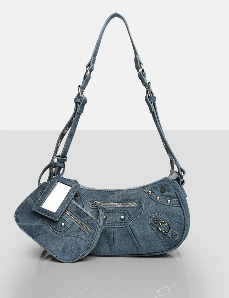 The Trackstar Denim Pu Studded Mirror Zip Detail Handbag | Public Desire (US & CA)