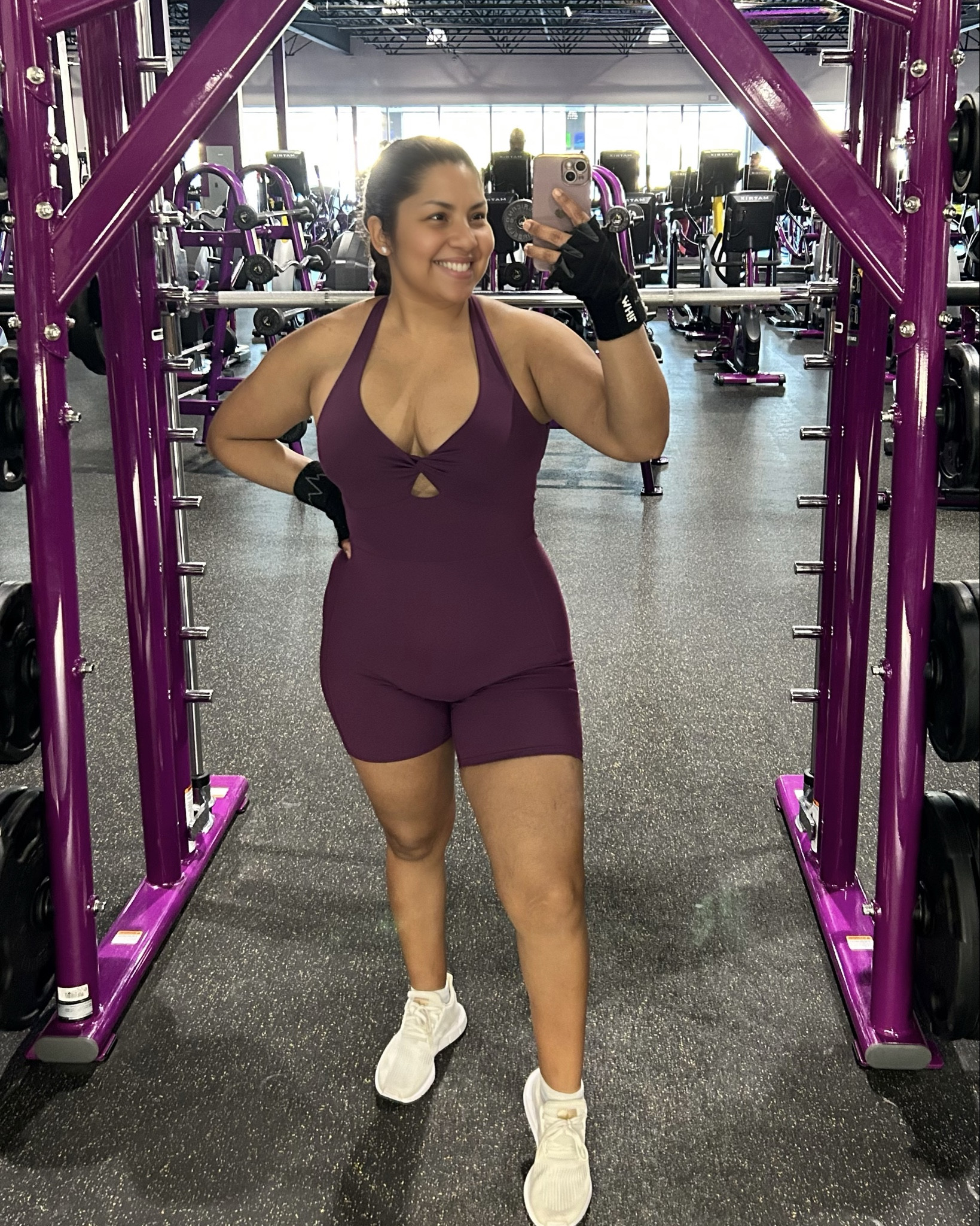 Twist Front and Back Workout Lola Romper 💜

In my opinion the jumpsuit runs TTS, but I understand why the brand recommends ordering a size smaller, the fabric from the waist down is quite stretchy and there is a risk that the lower back ruching will be loose.

This was not my case, I’m between M/L and ordered M, but if I had ordered L, it would have definitely been loose in the lower back.

My measurements:
Bust 36C 
Waist 34 in 
Hips 42 in 
Glutes 45 in

#LTKFindsUnder50 #LTKFitness #LTKShoeCrush