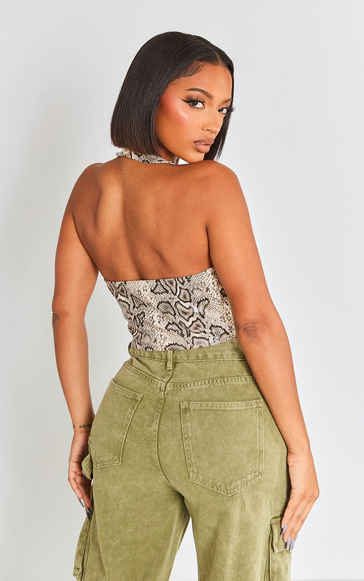 Shape Stone Faux Leather Snake Print Halterneck Lace Up Top | Pretty Little Thing (Australia & New Zealand)