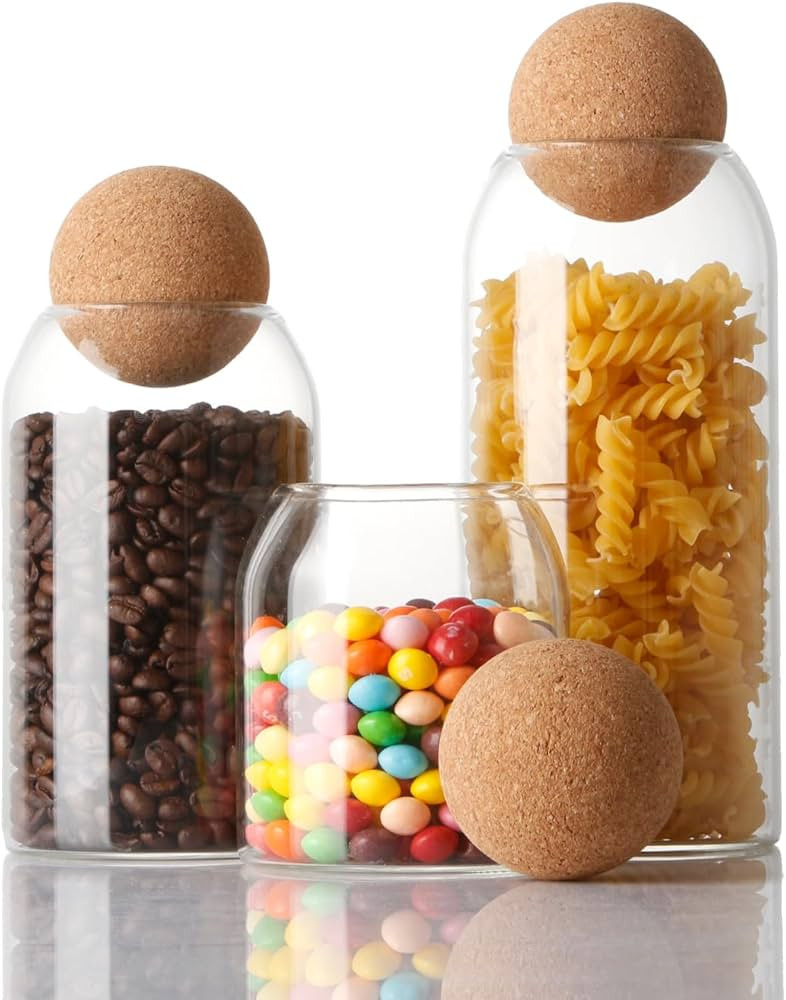 NUTRIUPS Storage Glass Jar with Ball Cork Lid, 3Pcs Glass Canisters with Cork Ball, Cute Decorati... | Amazon (US)