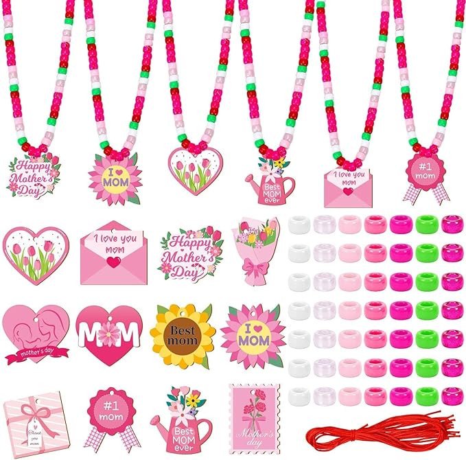 DTOFOOT 24 Set Mother's Day Craft Kit, Mother's Day Beads Necklace Crafts DIY Wooden Pink Heart F... | Amazon (US)