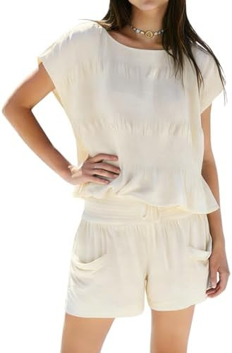 Gozoloma Women's 2 Piece Smocked Top Shorts Set High Waisted Lounge Outfit with Pockets Casual Bo... | Amazon (US)