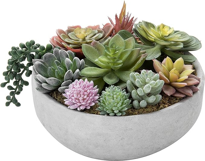 MyGift 8-Inch Faux Succulent Arrangement, Assorted Fake Plant in Gray Concrete Bowl Planter | Amazon (US)