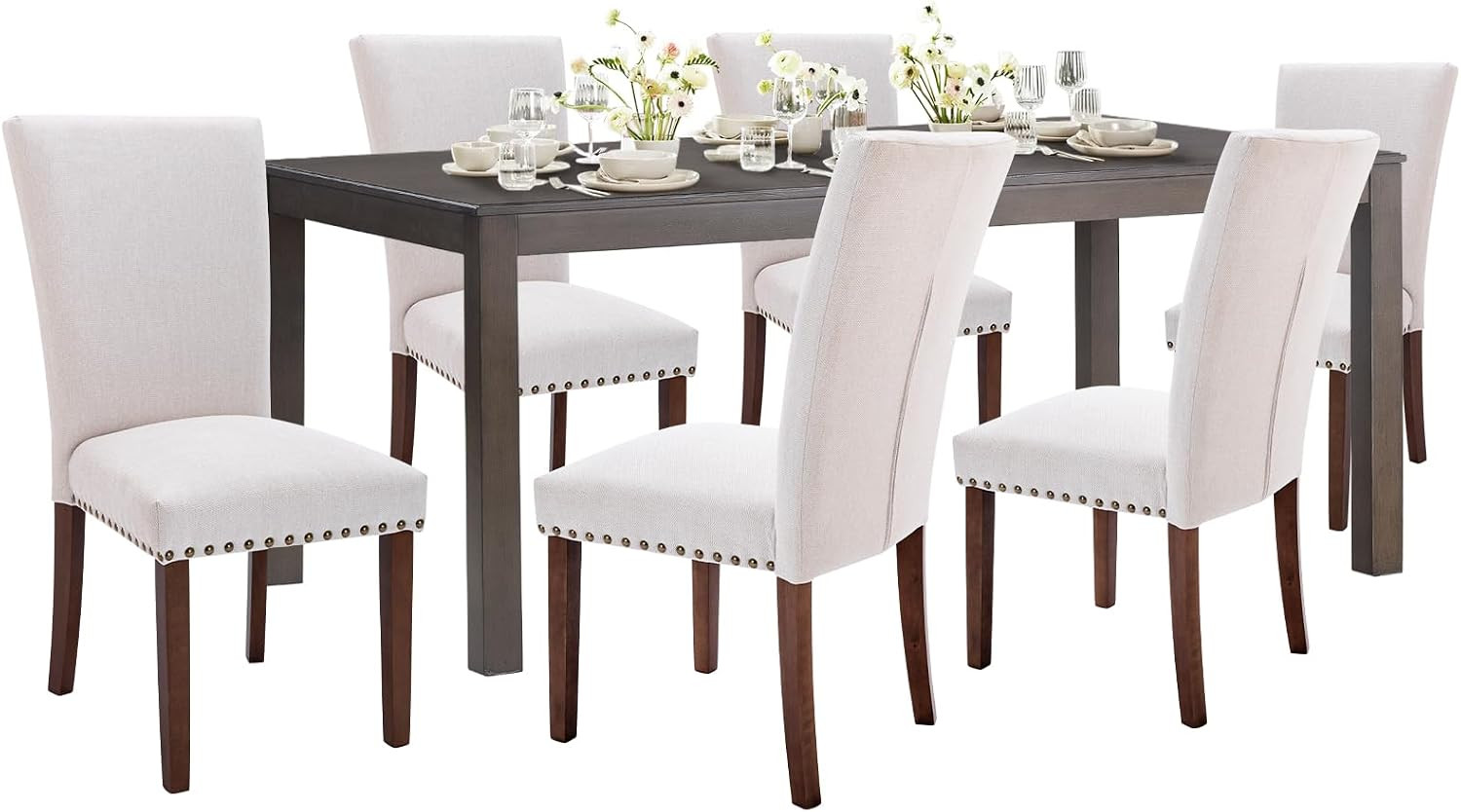 COLAMY 7-Piece Dining Table Set for 6, 60" Kitchen Wood Table with 6 Nailhead Dining Room Chairs,... | Amazon (US)