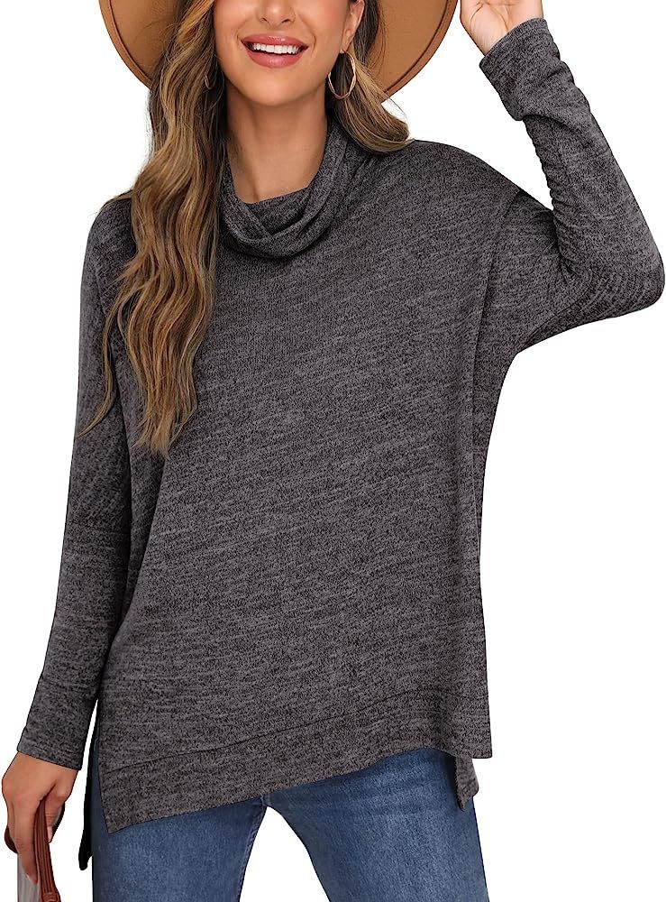 PrinStory Womens Loose Tunic Tops Turtleneck Long Batwing Sleeves Side Split Sweater | Amazon (US)