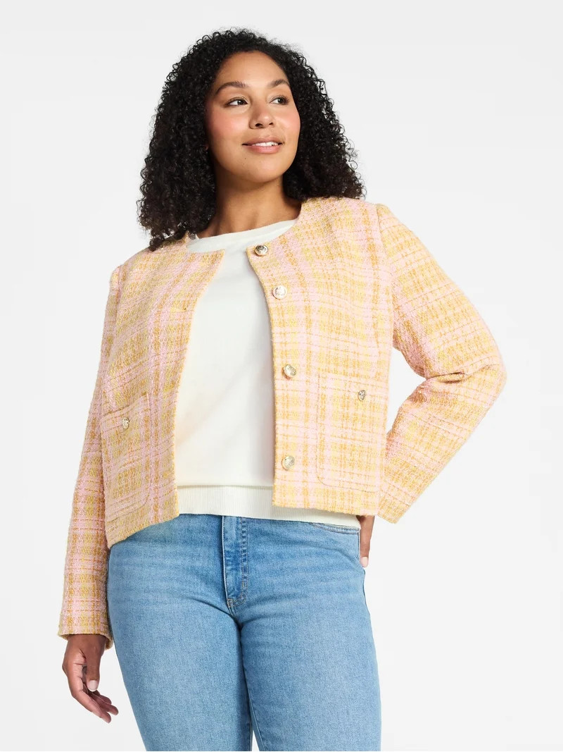 Time and Tru Women's Tweed Ladylike Blazer Jacket, Sizes XS-XXXL | Walmart (US)
