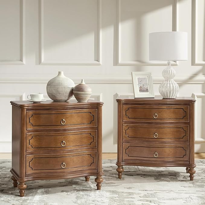 HULALA HOME Wood Nightstands Set of 2 with Charging Station for Bedroom, 3 Drawers Traditional Ni... | Amazon (US)