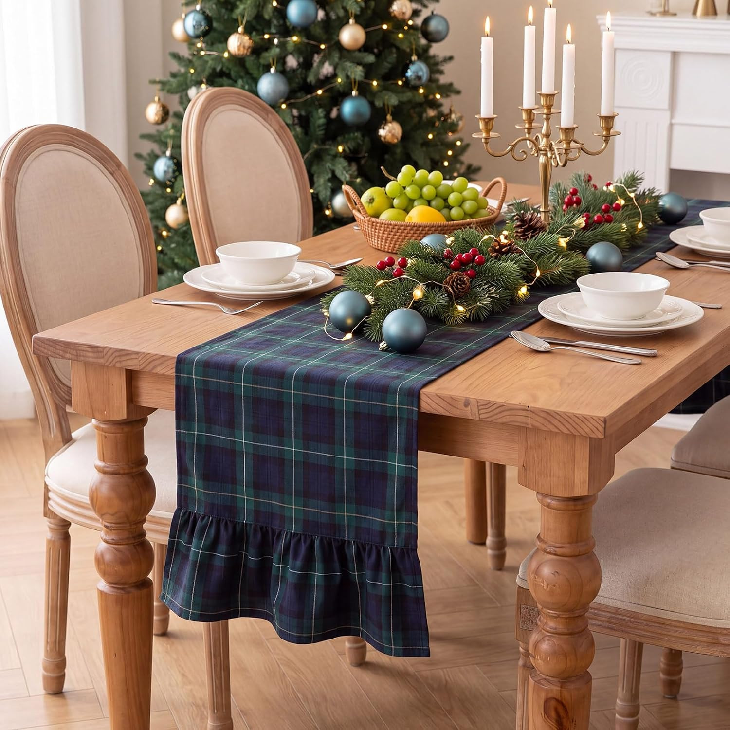 3 Pcs Christmas Tartan Plaid Ruffle Table Runner 13"x90", Blue Green | Amazon (US)