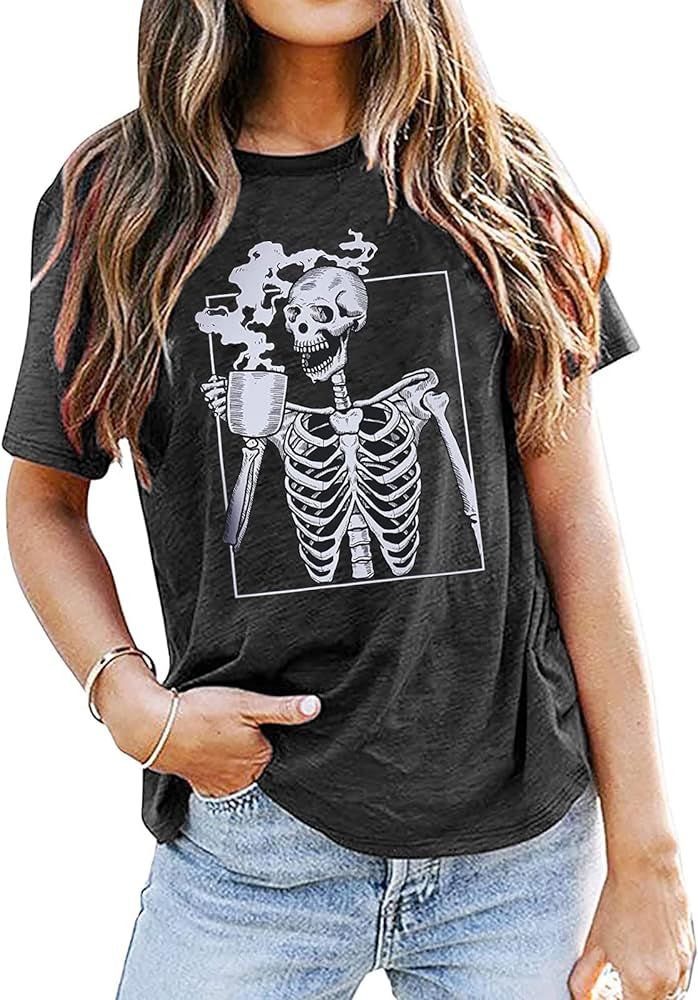 Hot Coffee Skeleton Shirt for Women Halloween Skeleton T-Shirt Funny Fall Skull Graphic Tees Tops... | Amazon (US)