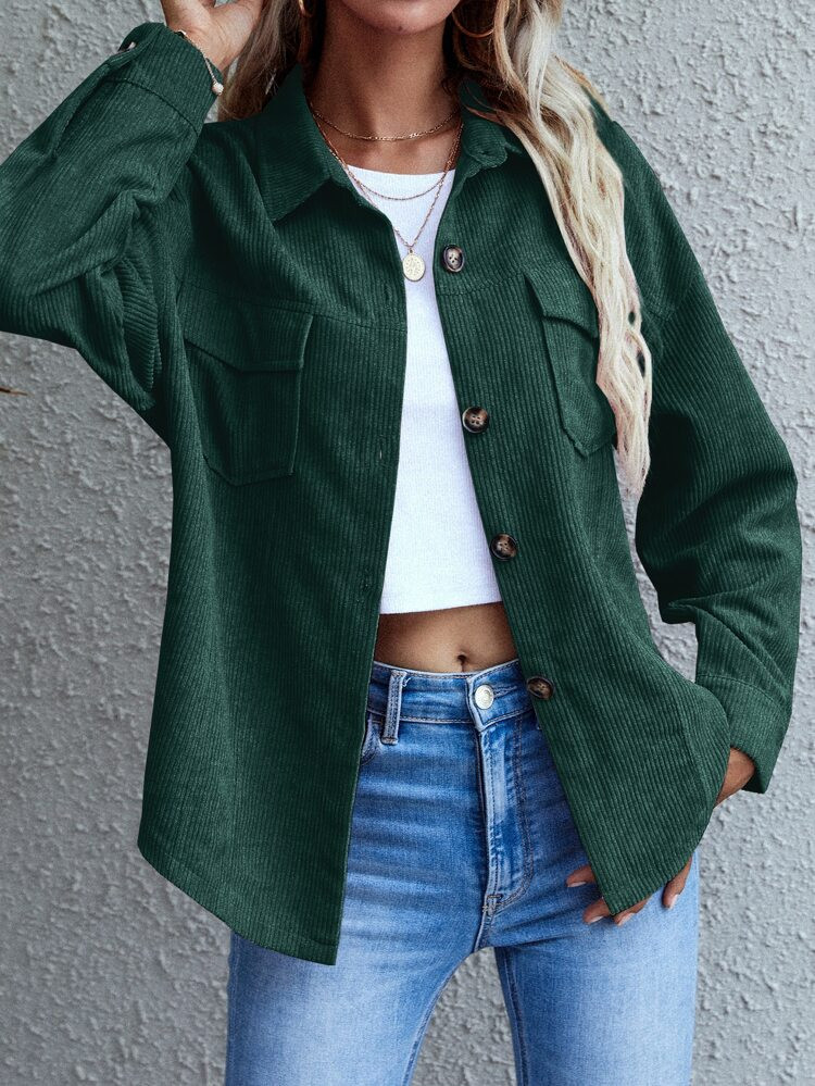 Flap Pocket Drop Shoulder Corduroy Jacket | SHEIN