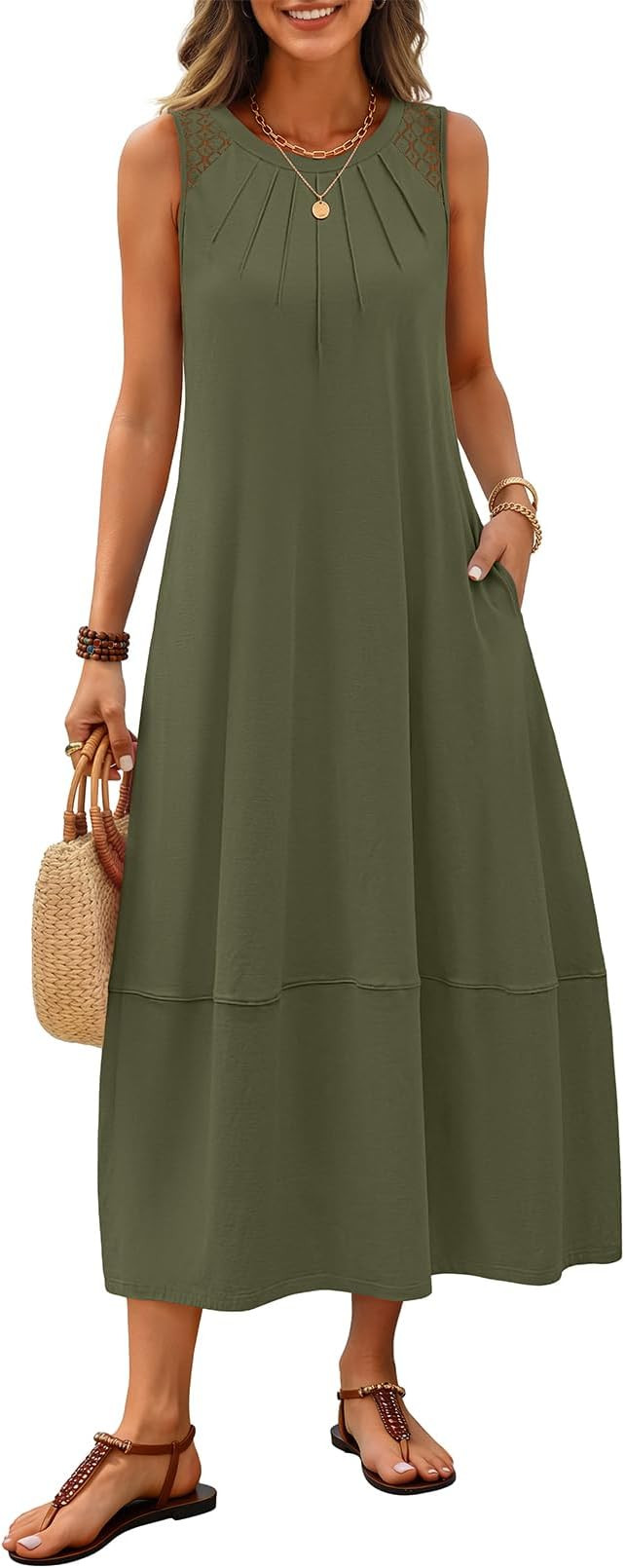 MEROKEETY Women's Summer Boho Maxi Dress 2026 Pleated Lace Hollow Out Beach Vacation Sundresses S... | Amazon (US)