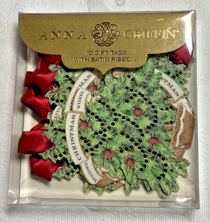 ANNA GRIFFIN Christmas Gift Tags (10) GREEN  TREES  RED Satin Ribbon  NIB | eBay US