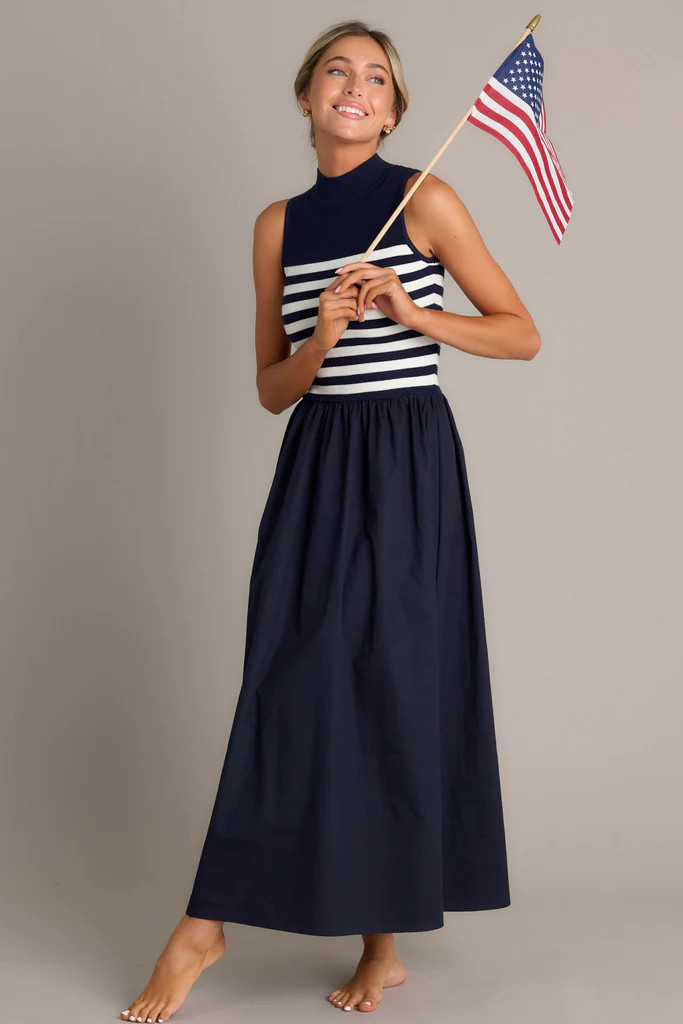 Timeless Treasures Navy Sleeveless Striped Maxi Dress | Red Dress