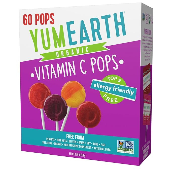 YumEarth Organic Vitamin C Pops Variety Pack, 60 Fruit Flavored Favorites Lollipops, Allergy Frie... | Amazon (US)
