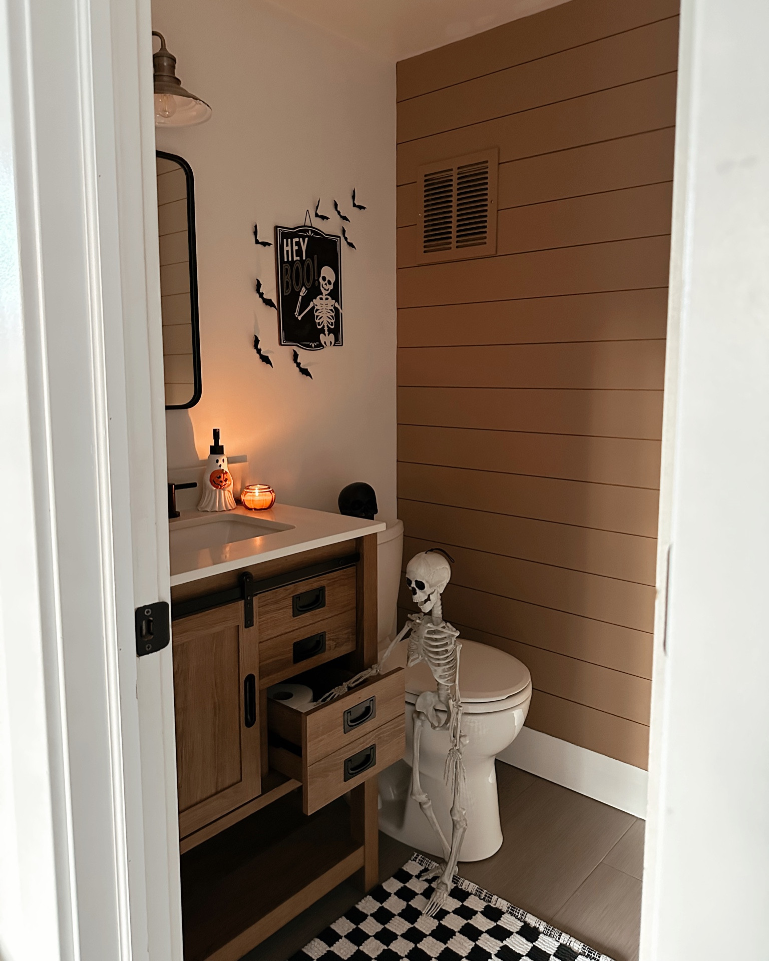 Spooky bathroom decor off of our playroom! Found this “hey boo” sign for $6 at Walmart!! Also grabbed Ollie’s happy Halloween sign from there for the same price. Linking to what I can! 🖤🖤

Half bath, spooky season, Walmart finds, Halloween decor, Halloween sign, Walmart home, skeleton season, little skelly 

#LTKfindsunder50 #LTKhome #LTKSeasonal